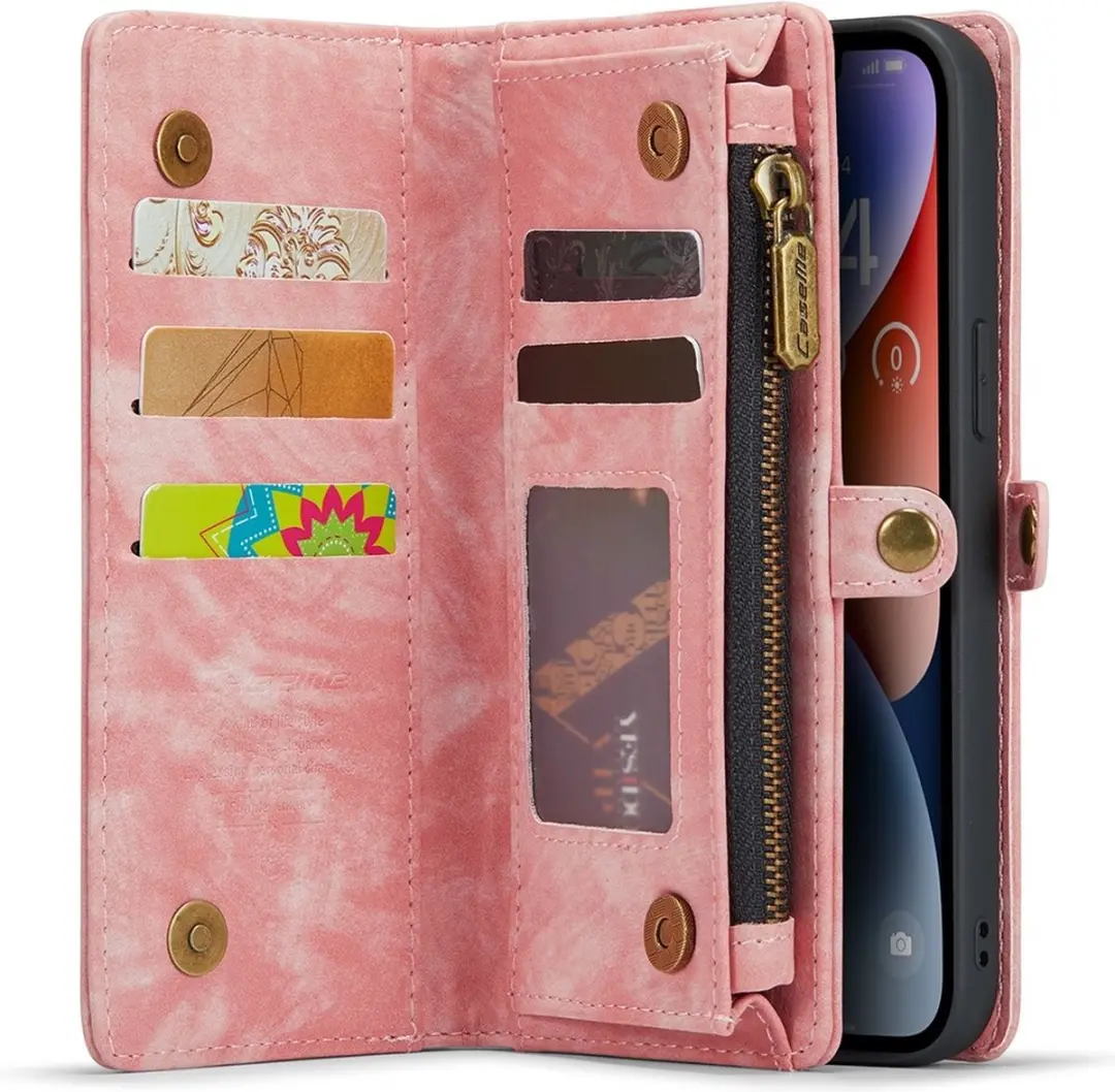 Caseme Vintage 2-in-1 Portemonnee Hoes iPhone 15 Pro - Lichtroze - 8 Stuks