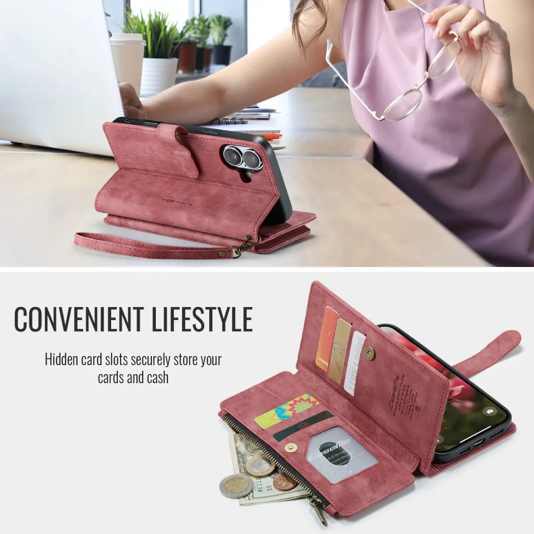 Caseme iPhone 17 PU Portemonneehoesje - Rood - 10 Pasjes