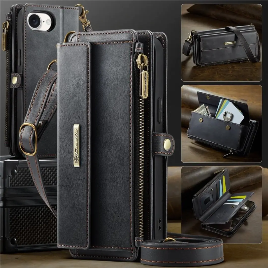 Caseme iPhone 16e Hoesje Portemonnee - 9 Pasjes - Zwart