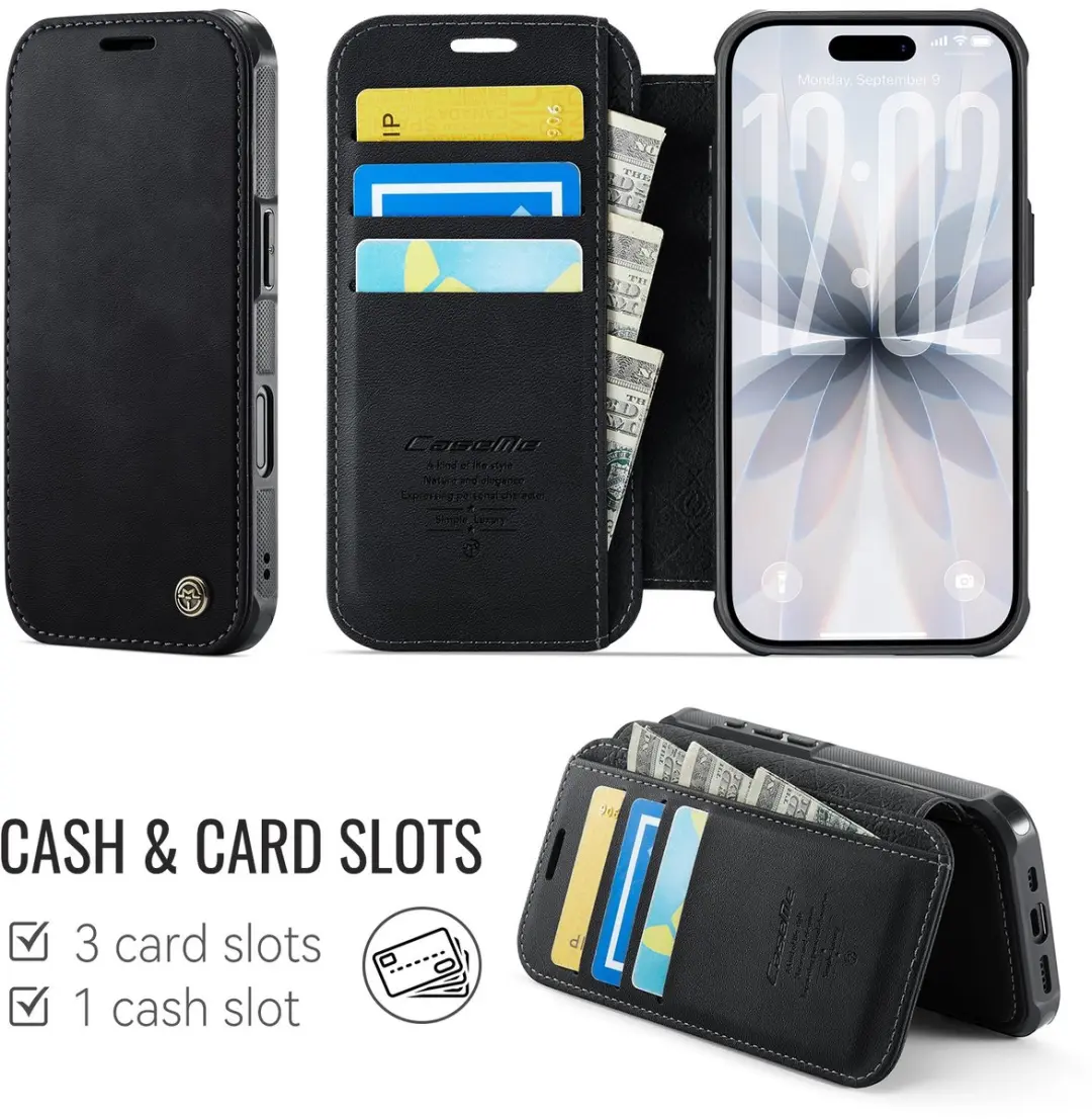Caseme 053 Slim Book Case iPhone 16 Hoesje - 3 Pasjes - Zwart - afbeelding 6 van 6