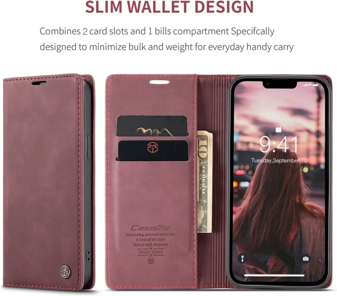 Caseme 013 Book Case iPhone 15 Hoesje - 2 Pasjes - Bordeaux