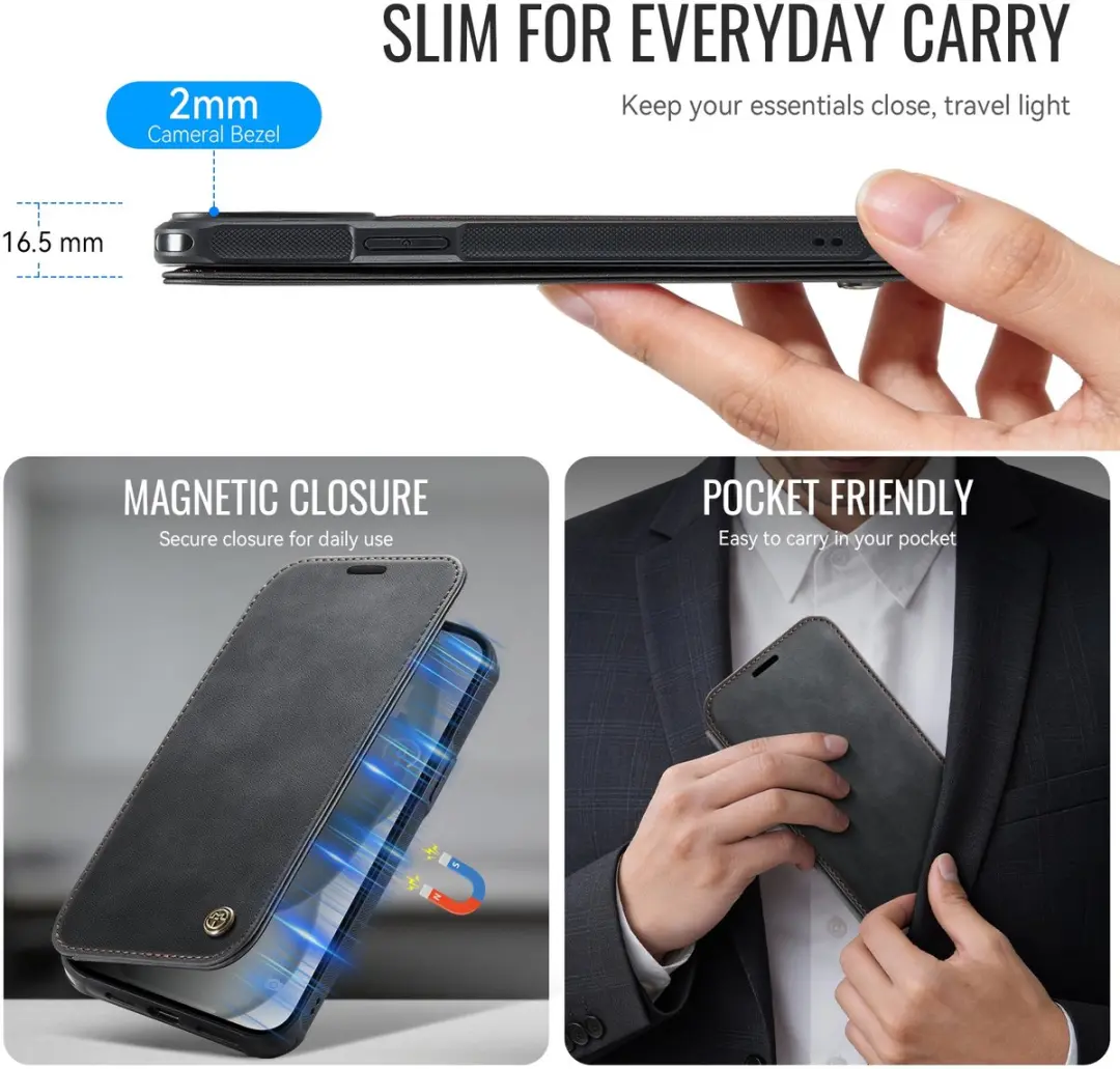 CaseMe 053 Slim Book Case iPhone 15 Hoesje - MagSafe - 3 Pasjes - Zwart - afbeelding 6 van 6