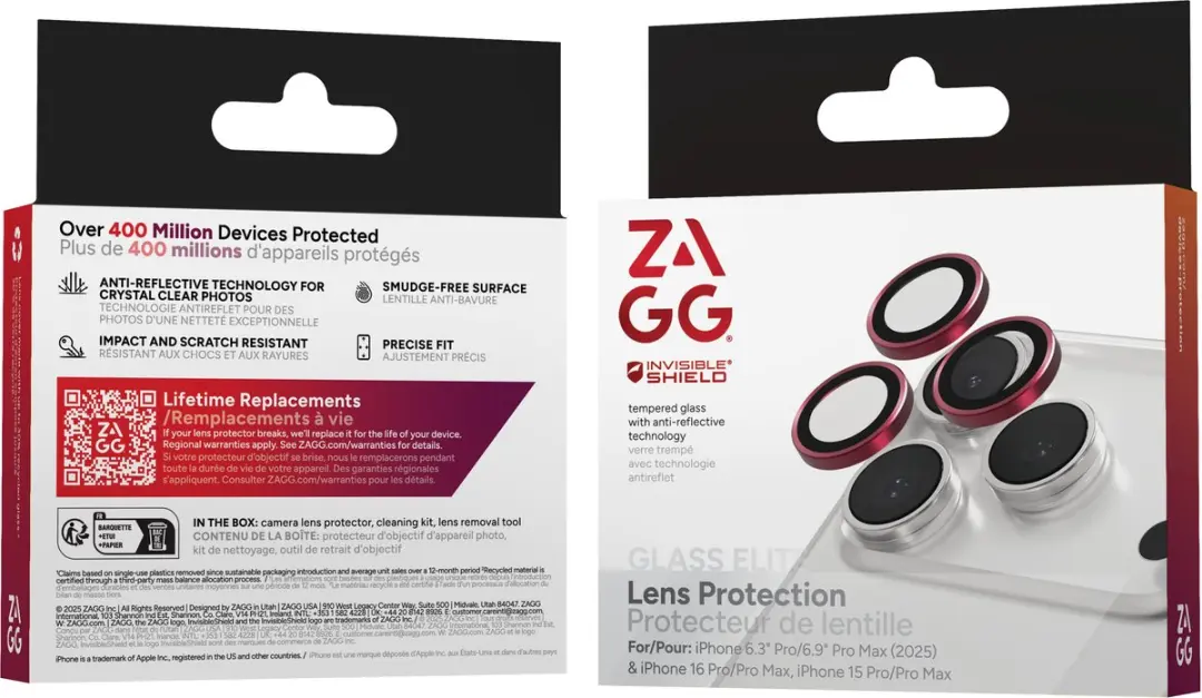 ZAGG Glass Elite Camera Rings iPhone 15/16 Pro - Roze