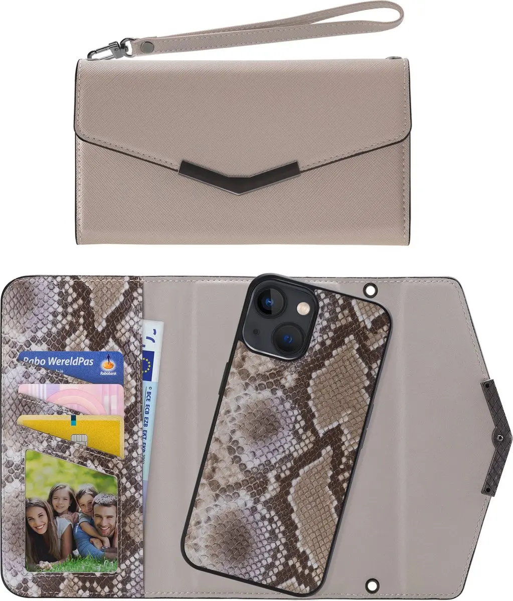 Mobilize iPhone 13 Mini Clutch Case - Slangenprint Beige - 5 Pasjes