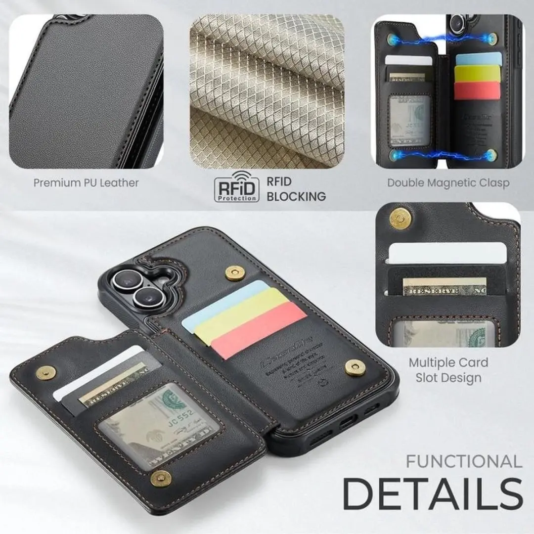 Caseme Luxe Portemonnee Backcover iPhone 16 - Anti-RFID - 4 Pasjes - Zwart