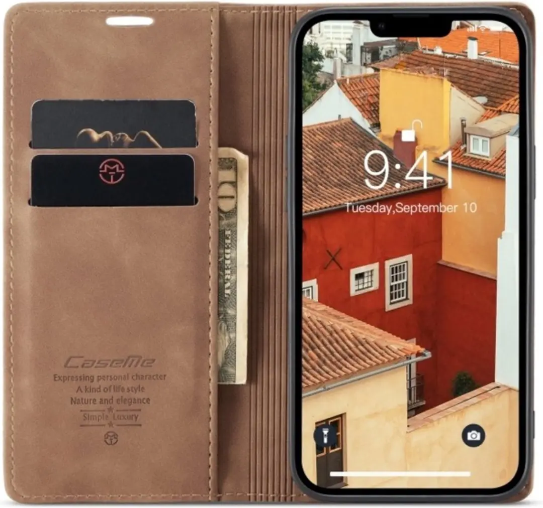 Caseme Bookcase iPhone 14 Hoesje - Beige - 2 Pasjes