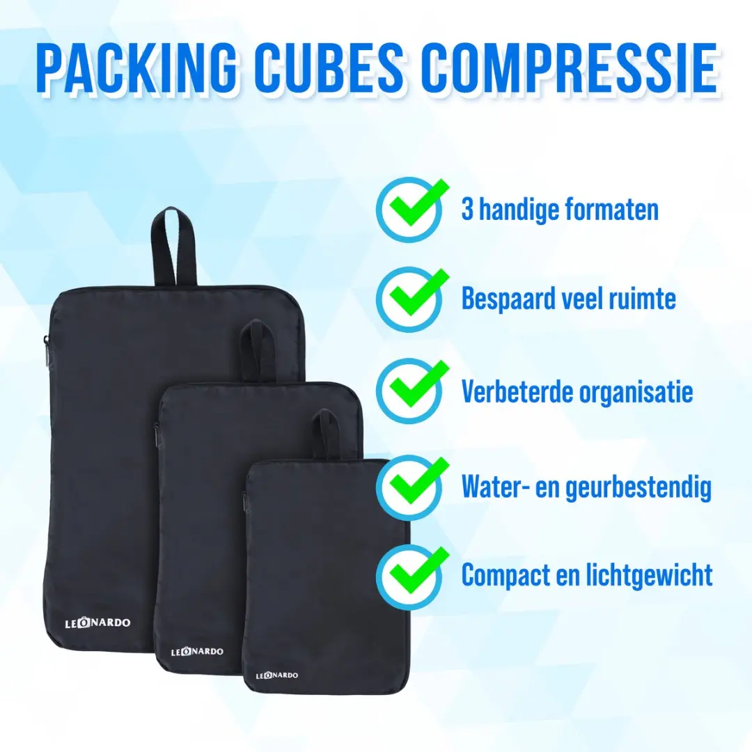 Leonardo Compressie Packing Cubes 3-delig - Zwart