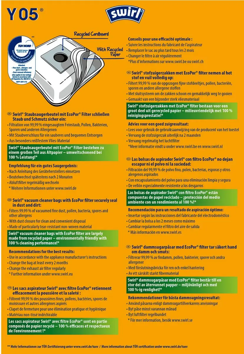 Swirl Stofzuigerzak Y05-10 - 10 Stuks - o.a. AEG/Electrolux/Nilfisk/Zanussi
