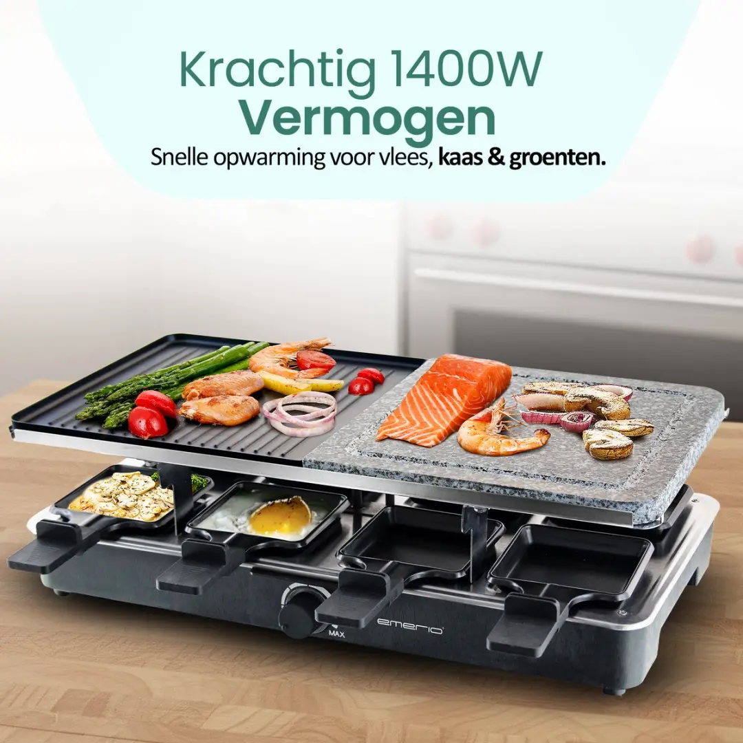 Emerio Gourmet-Steengrill RG-110035 Raclettegrill 1400W - 8 Personen - Zwart