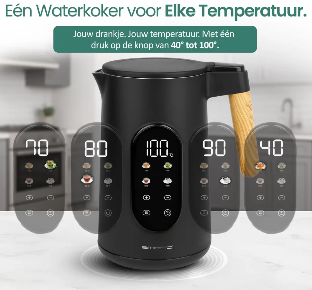 Emerio Waterkoker WK-132230 1.7L - 2200W - 13 Programma's - Zwart/Bruin