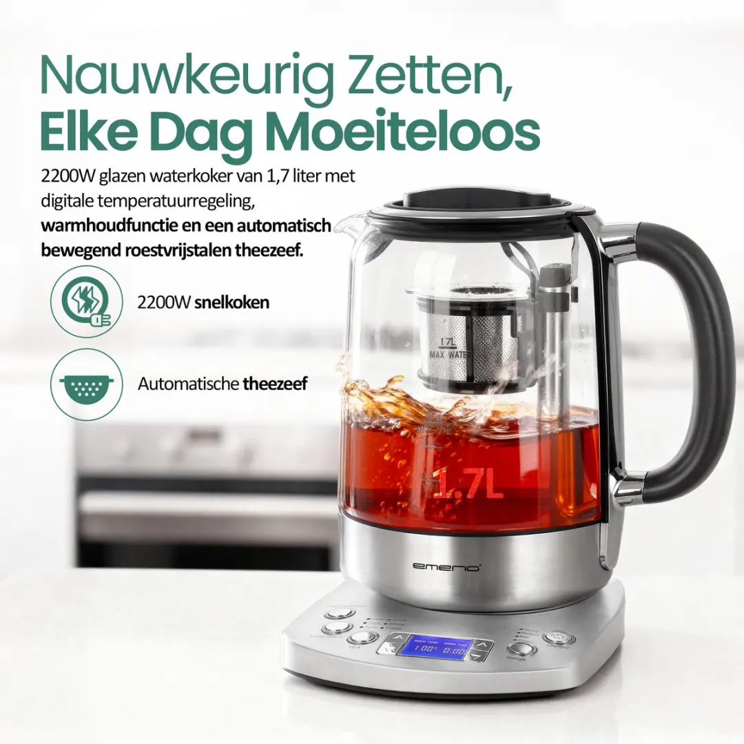 Emerio WK-122248 Glazen Waterkoker 2200W - 1,7L - Zwart