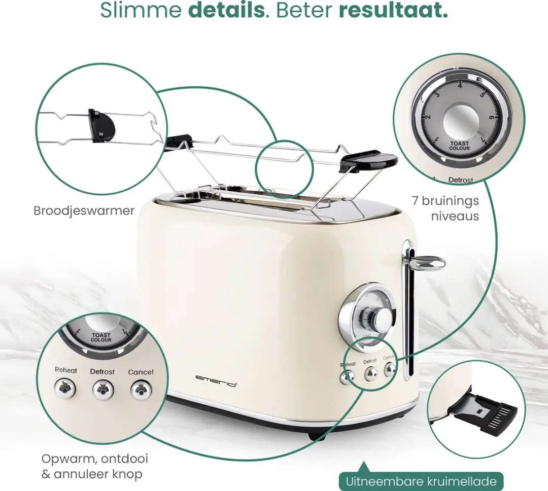 Emerio Retro Broodrooster TO-133281.1 800W - 2 Sleuven - Crème