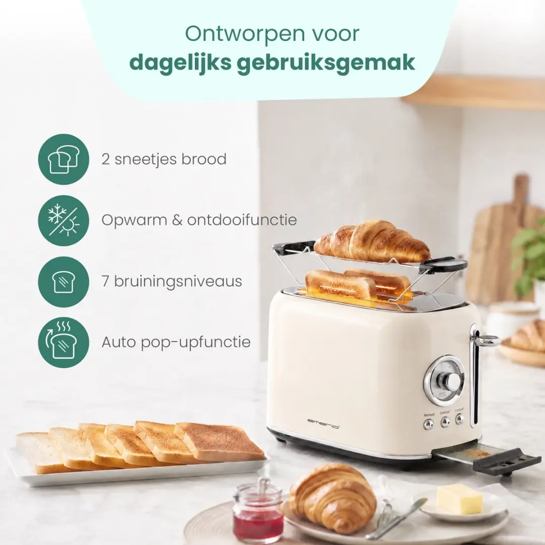 Emerio Retro Broodrooster TO-133281.1 800W - 2 Sleuven - Crème
