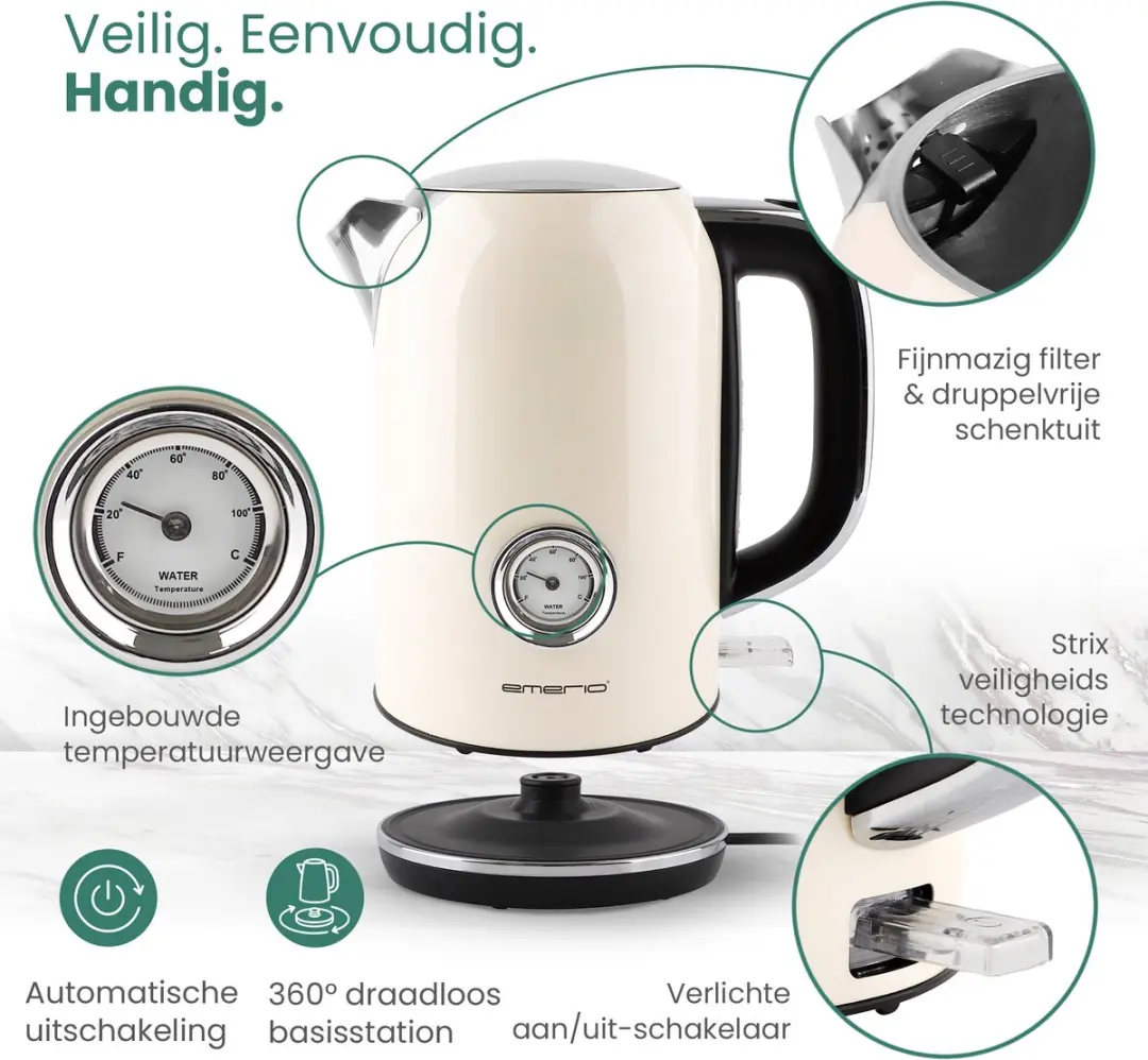 Emerio Retro Waterkoker WK-133282.1 1.7L - 2200W - Crème