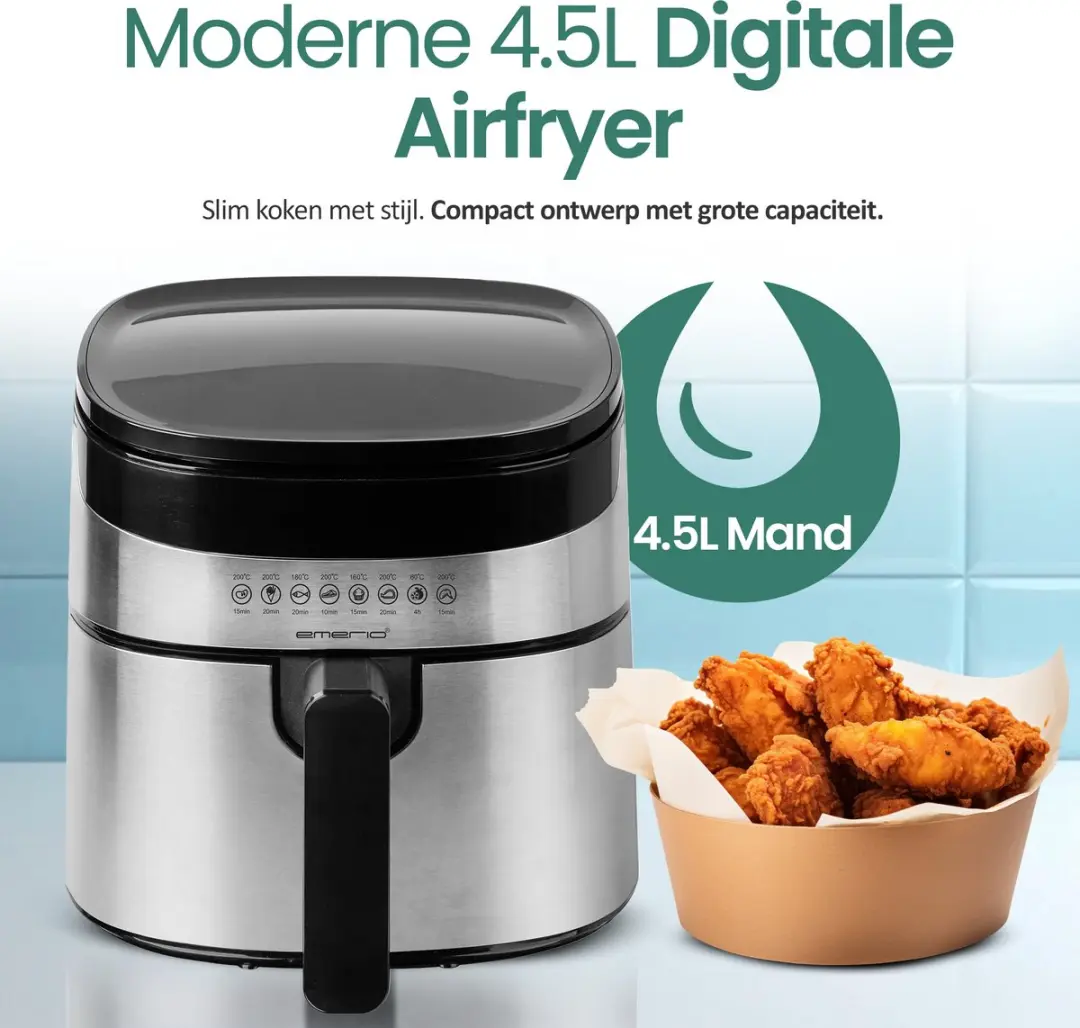 Emerio Airfryer XL AF-129084 1300W - 4,5L - 8 Programma's - Zwart