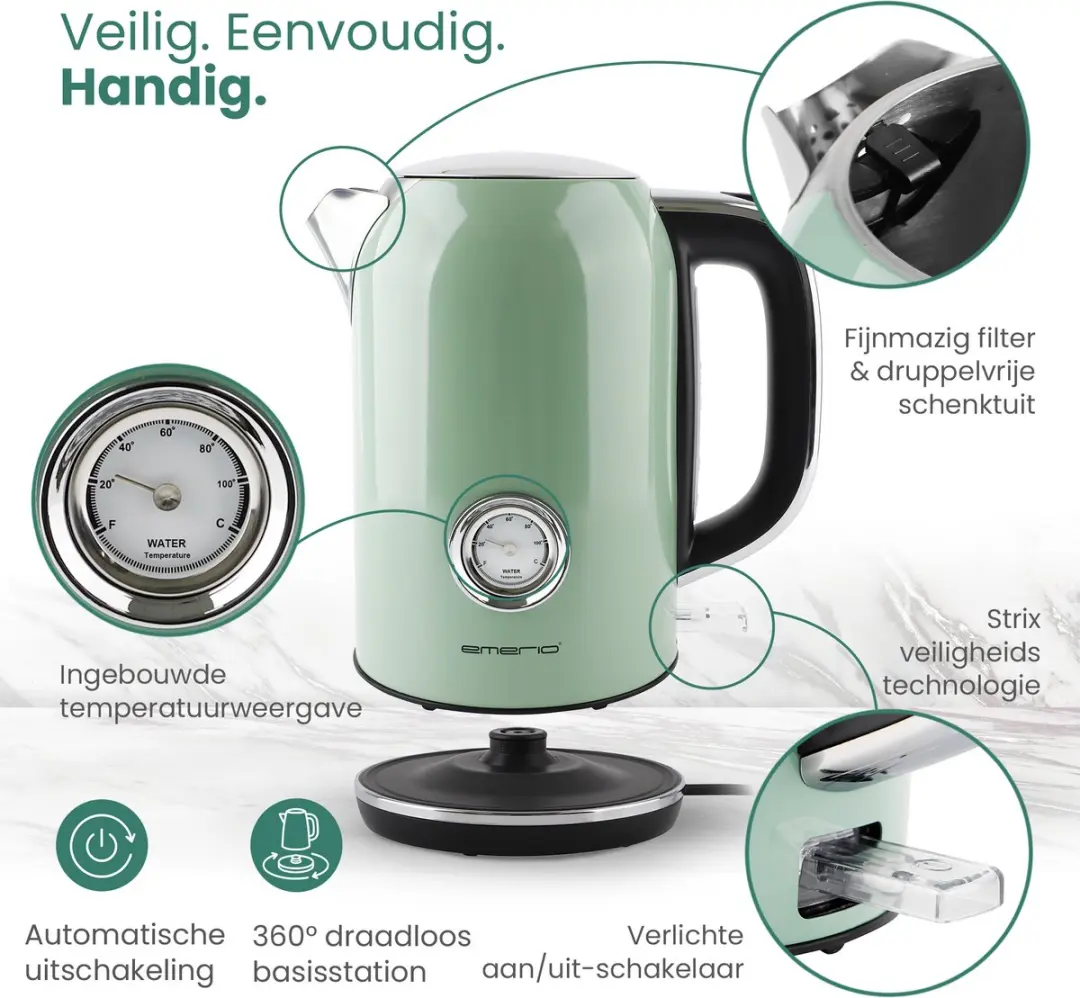 Emerio Retro Waterkoker WK-133282 Groen - 1.7L 2200W