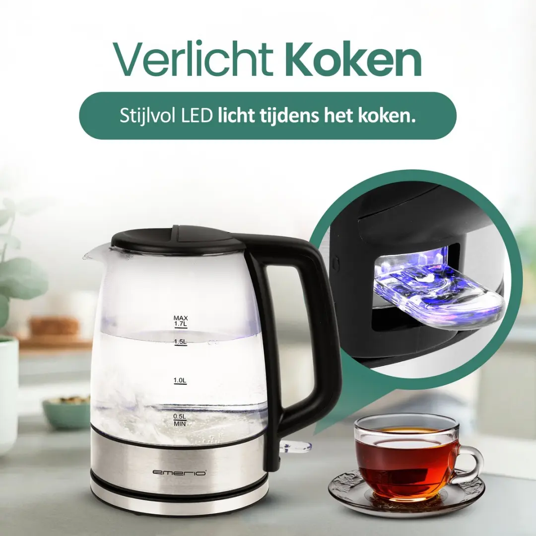 Emerio Waterkoker WK-130126 1.7L - 2200W - Glas/RVS