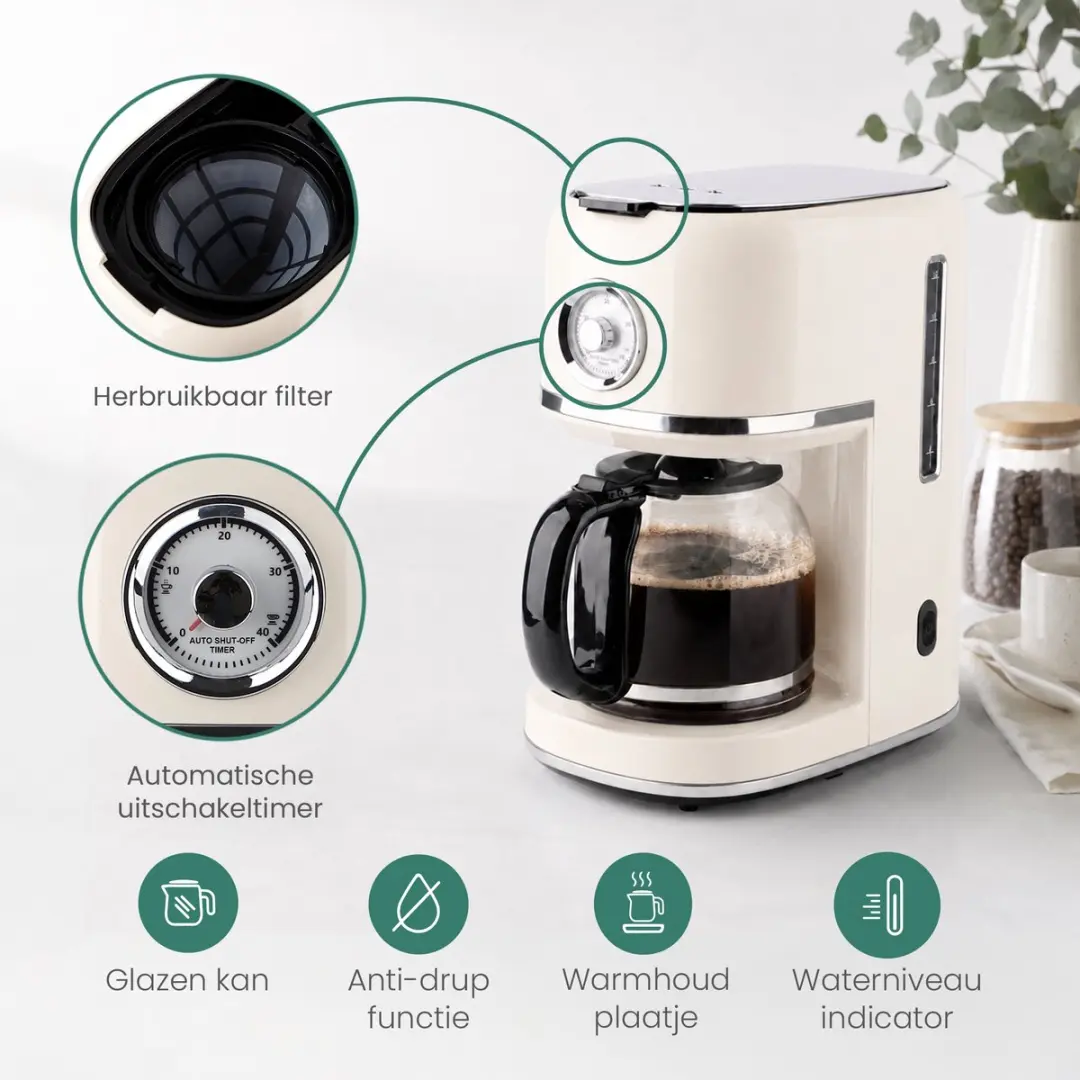 Emerio Retro Koffiezetapparaat CME-133280.1 - 1.5L - 12 Kopjes - Crème