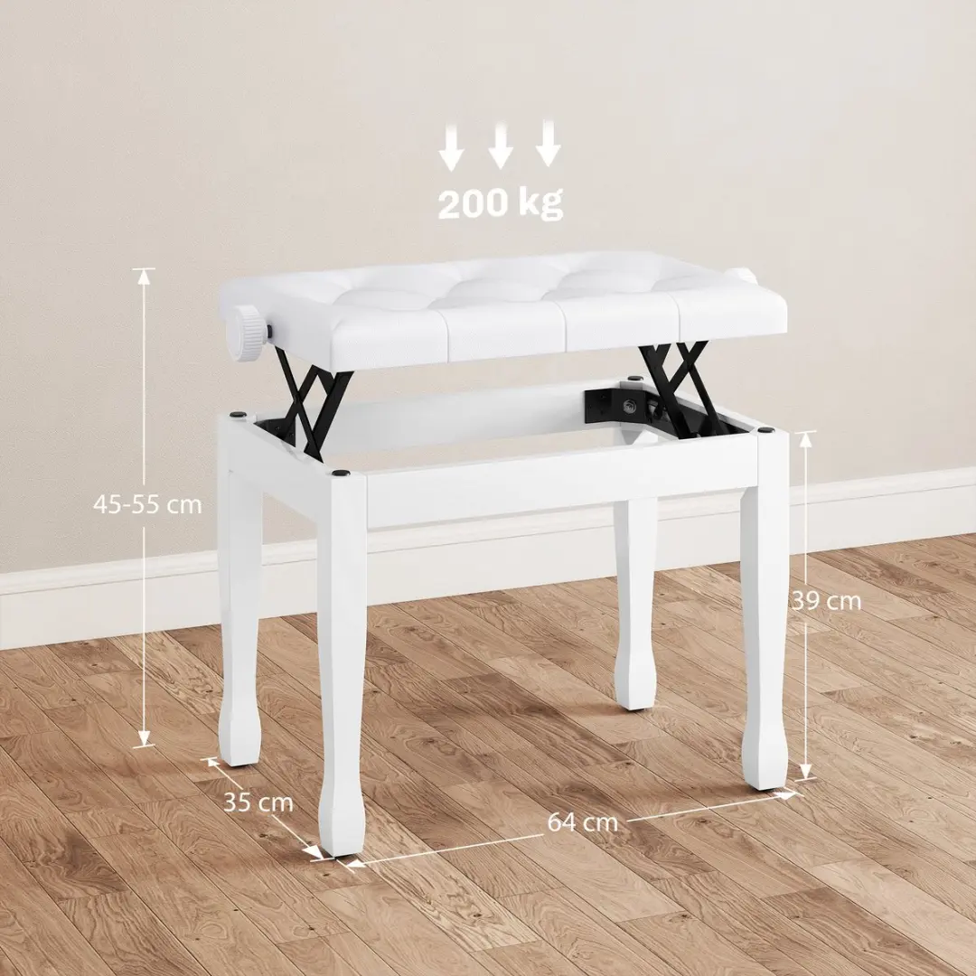 Homcom Pianobank - Massief hout - 64x35x45-55cm - Wit - afbeelding 6 van 6
