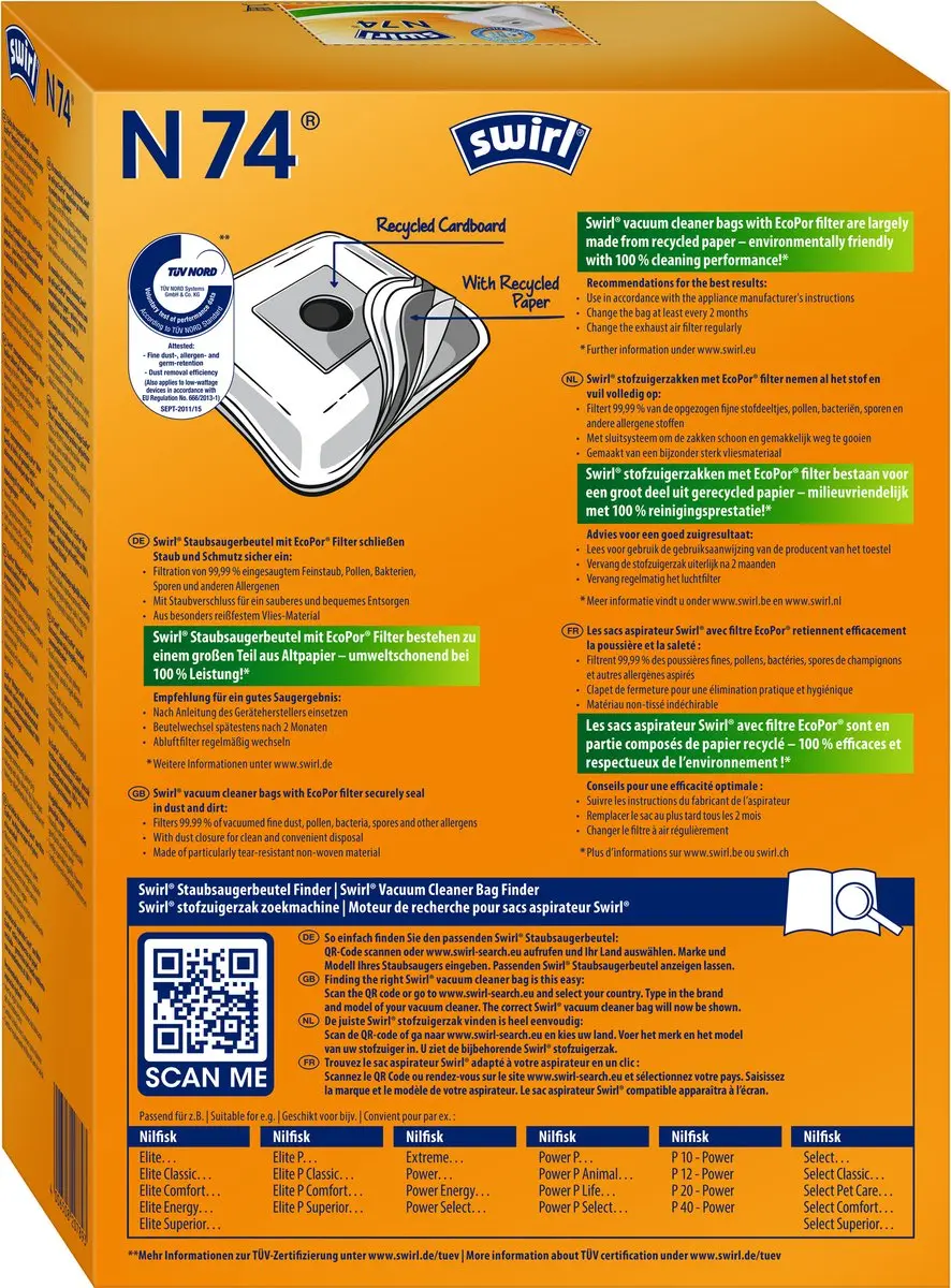 Swirl Stofzuigerzak N74 - 4 Stuks - Ecopor - o.a. Nilfisk Elite