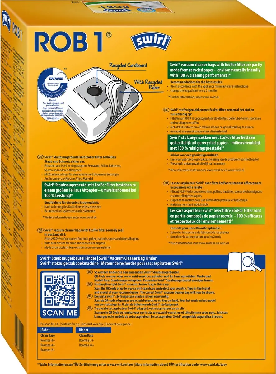 Swirl ROB1 Stofzuigerzakken - 4 Stuks - o.a. iRobot Roomba