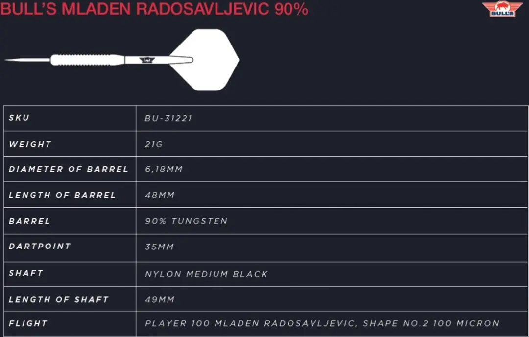 Bull's Mladen Radosavljevic Dartpijlen 21g - 3 Stuks - Wit/Rood