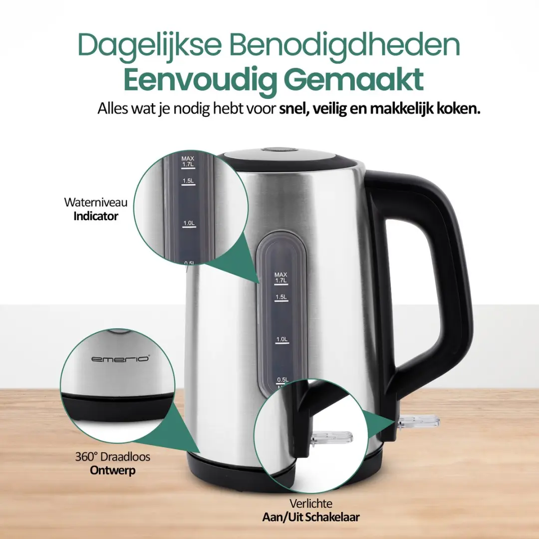 Emerio Waterkoker WK-133040 3000W - 1,7L - Zwart/RVS