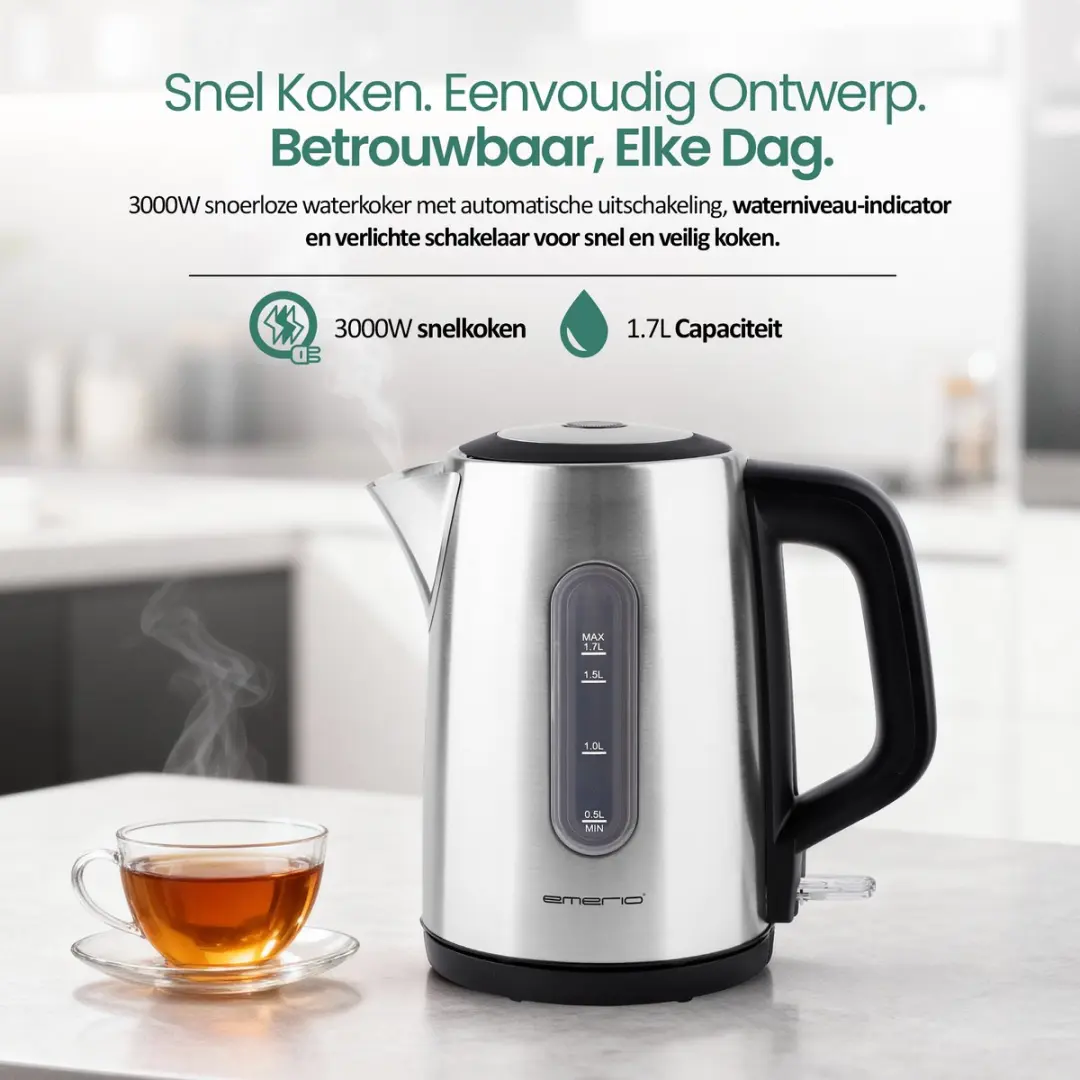 Emerio Waterkoker WK-133040 3000W - 1,7L - Zwart/RVS