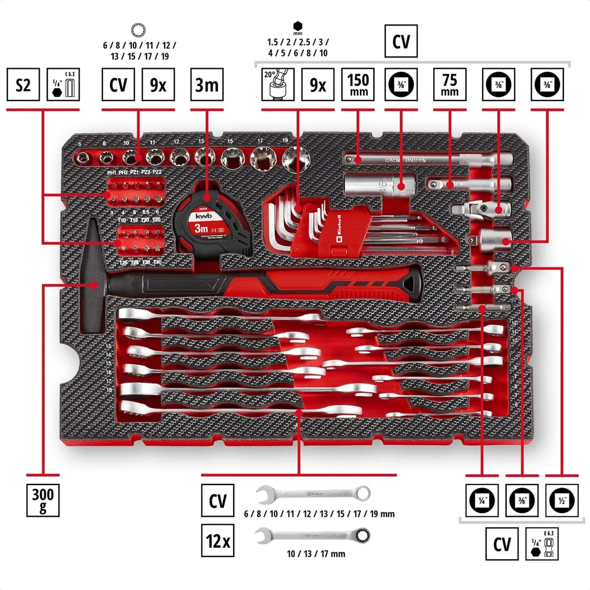 Einhell E-CASE Gereedschapskoffer 80-delig - 44x33x13cm