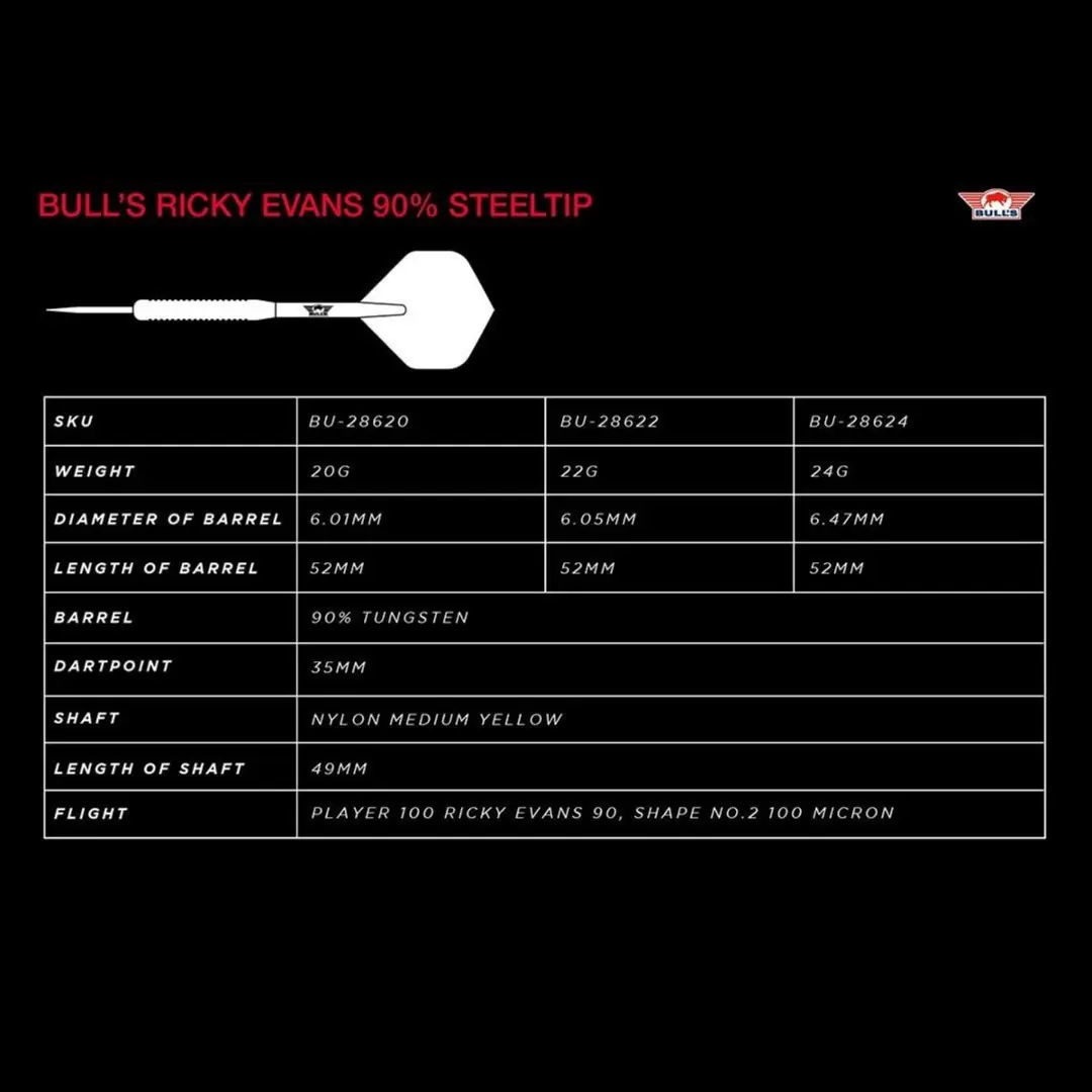 Bull's Ricky Evans Dartpijlen 24g 90% Tungsten - Regenboog - 3 Stuks