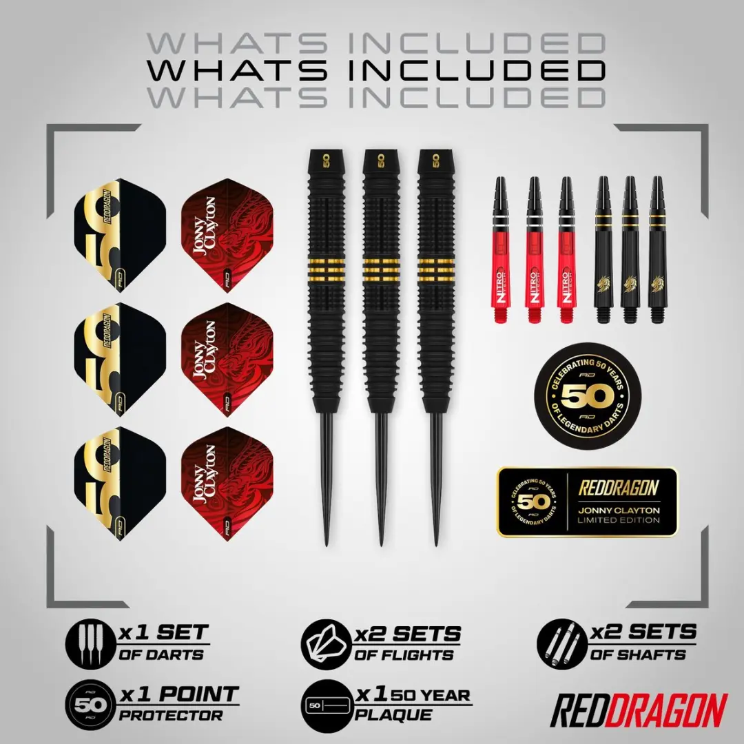 Red Dragon Jonny Clayton 50 Years Anniversary 90% - 3 Darts - Goud/Rood/Zwart