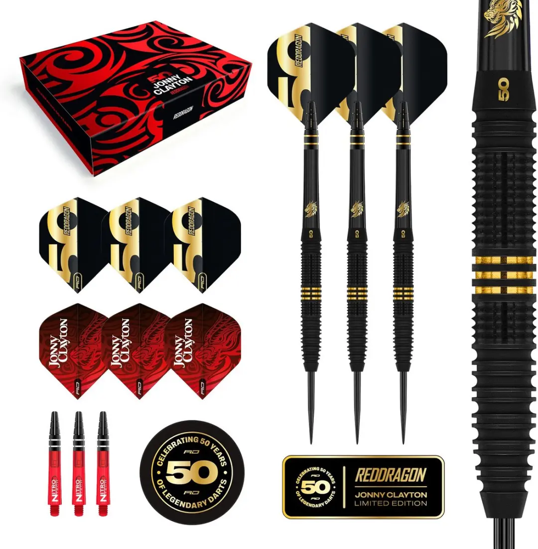Red Dragon Jonny Clayton 50 Years Anniversary 90% - 3 Darts - Goud/Rood/Zwart - afbeelding 6 van 6