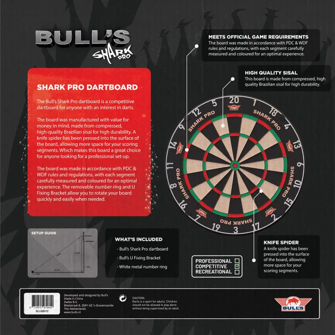 Bull's Shark Pro Dartbord BU-68012 - 45cm - Inclusief bevestiging