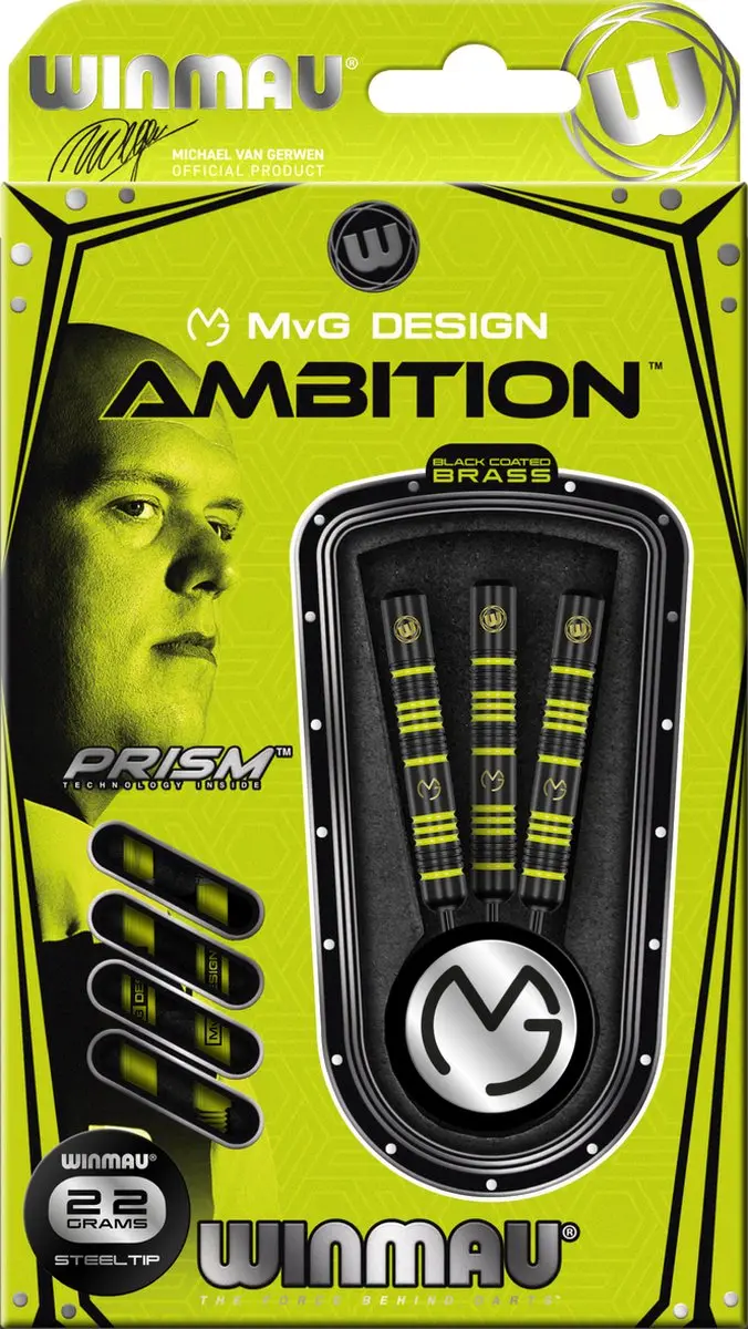 Winmau Michael van Gerwen Ambition Black Coated Brass 22g - 3 Stuks