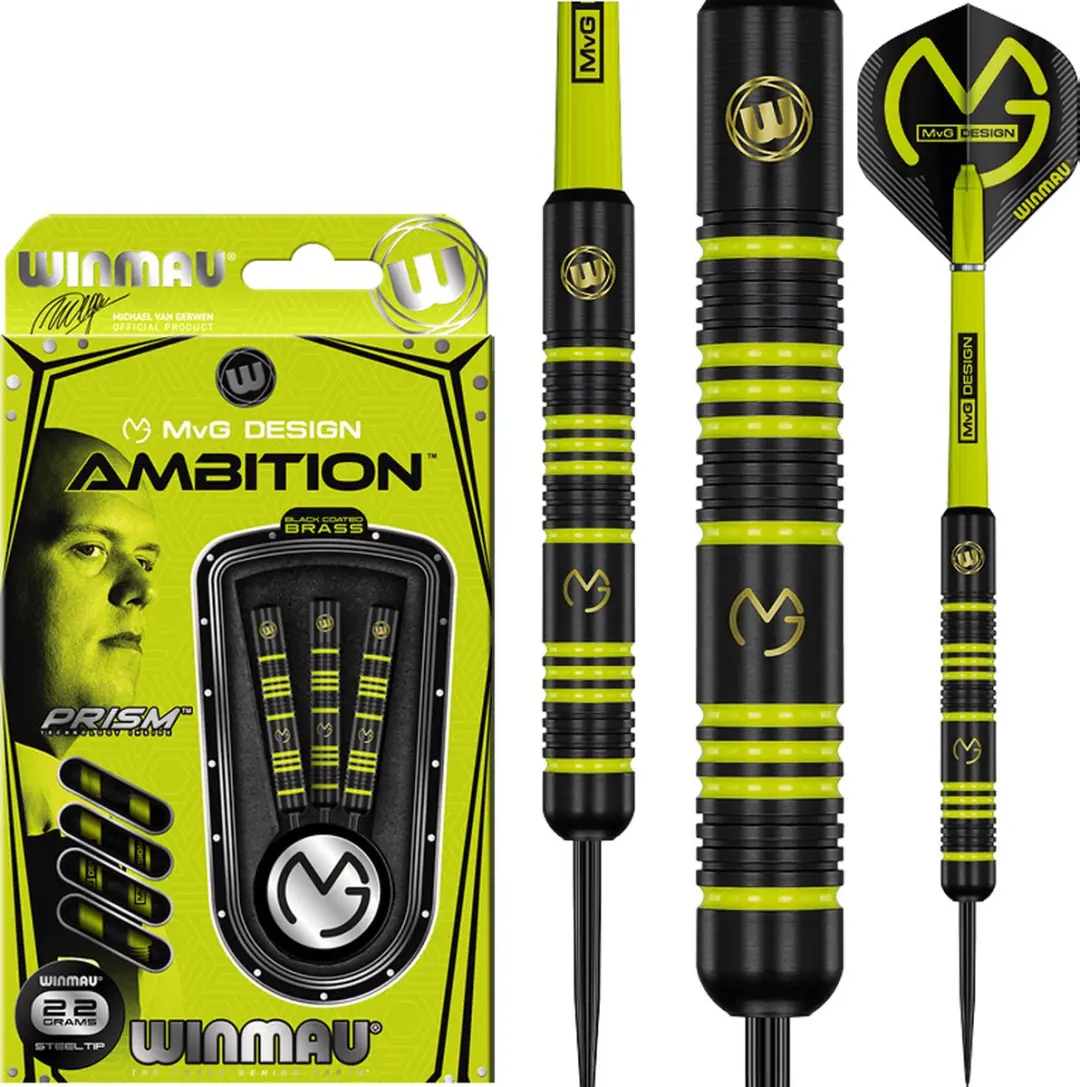 Winmau Michael van Gerwen Ambition Black Coated Brass 22g - 3 Stuks