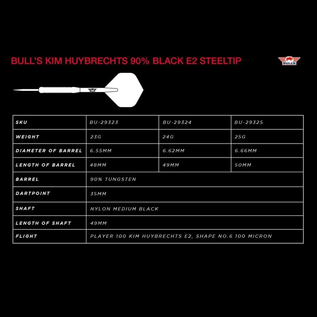 Bull's Kim Huybrechts 90% Black E2 Steeltip Darts - 3 Stuks