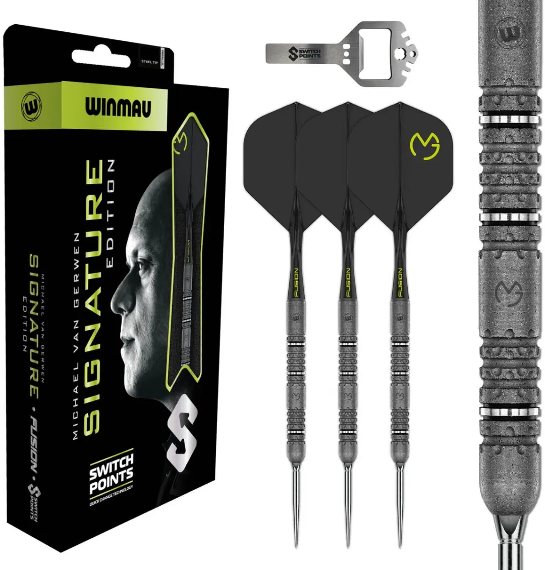 Winmau Michael van Gerwen Signature Switch Point 90% - 3 Darts - Grijs/Zwart/Geel