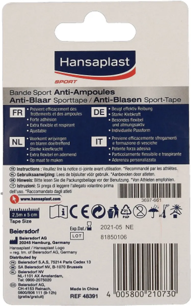 Hansaplast Anti Blaar Sporttape 5cm x 2,5m - Blauw