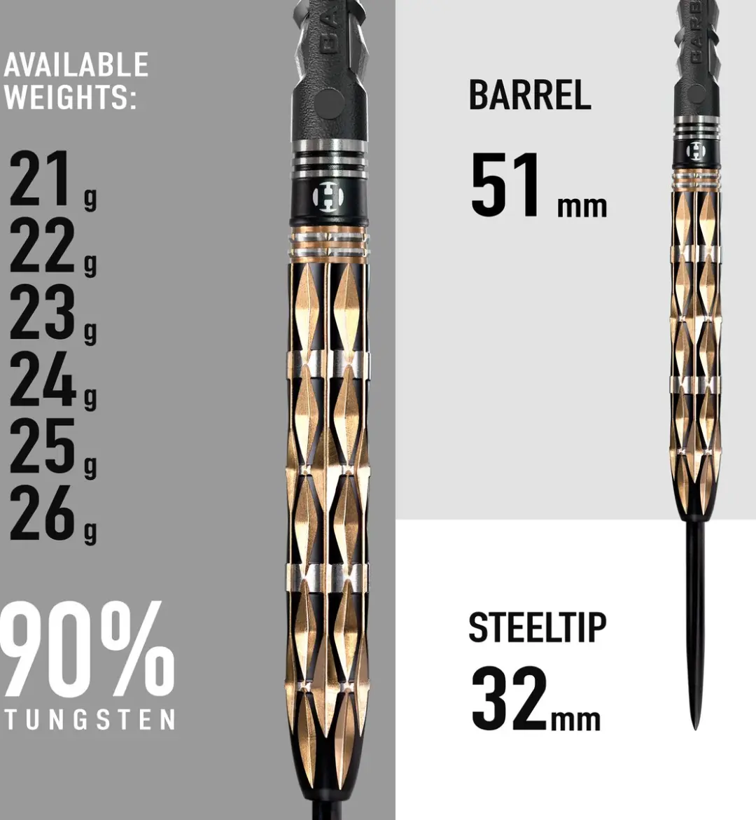 Harrows Imperial Diamond 25gr Tungsten Darts - 3 Stuks - Goud/Zwart