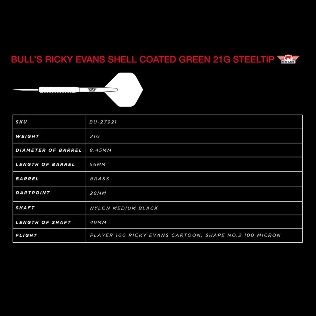 Bull's Ricky Evans Dartpijlen Shell Coated - 3 Stuks - Groen Messing