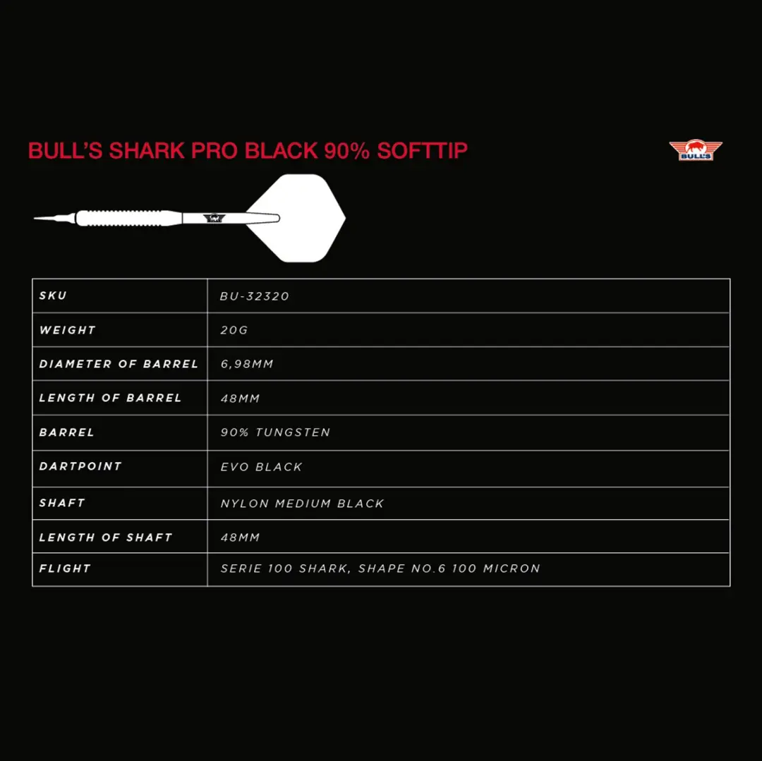 Bull's Shark Pro Black Dartpijlen 20g - 3 Stuks