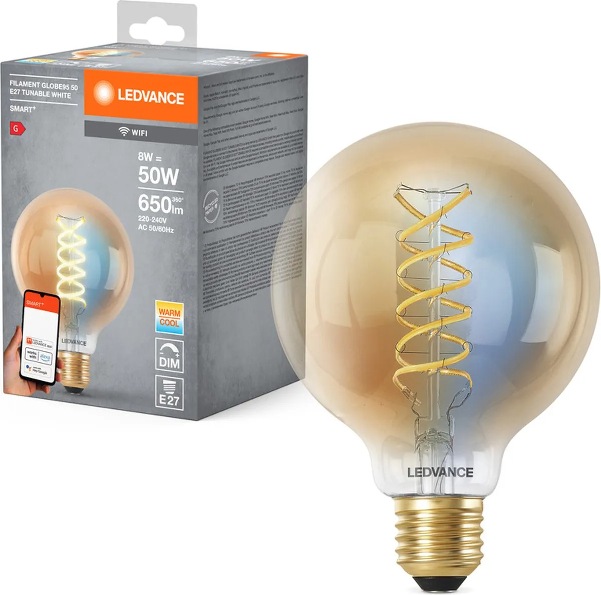 LEDVANCE SMART+ WIFI E27 8W 650lm Bol - Goud - 2200-5000K - afbeelding 3 van 6