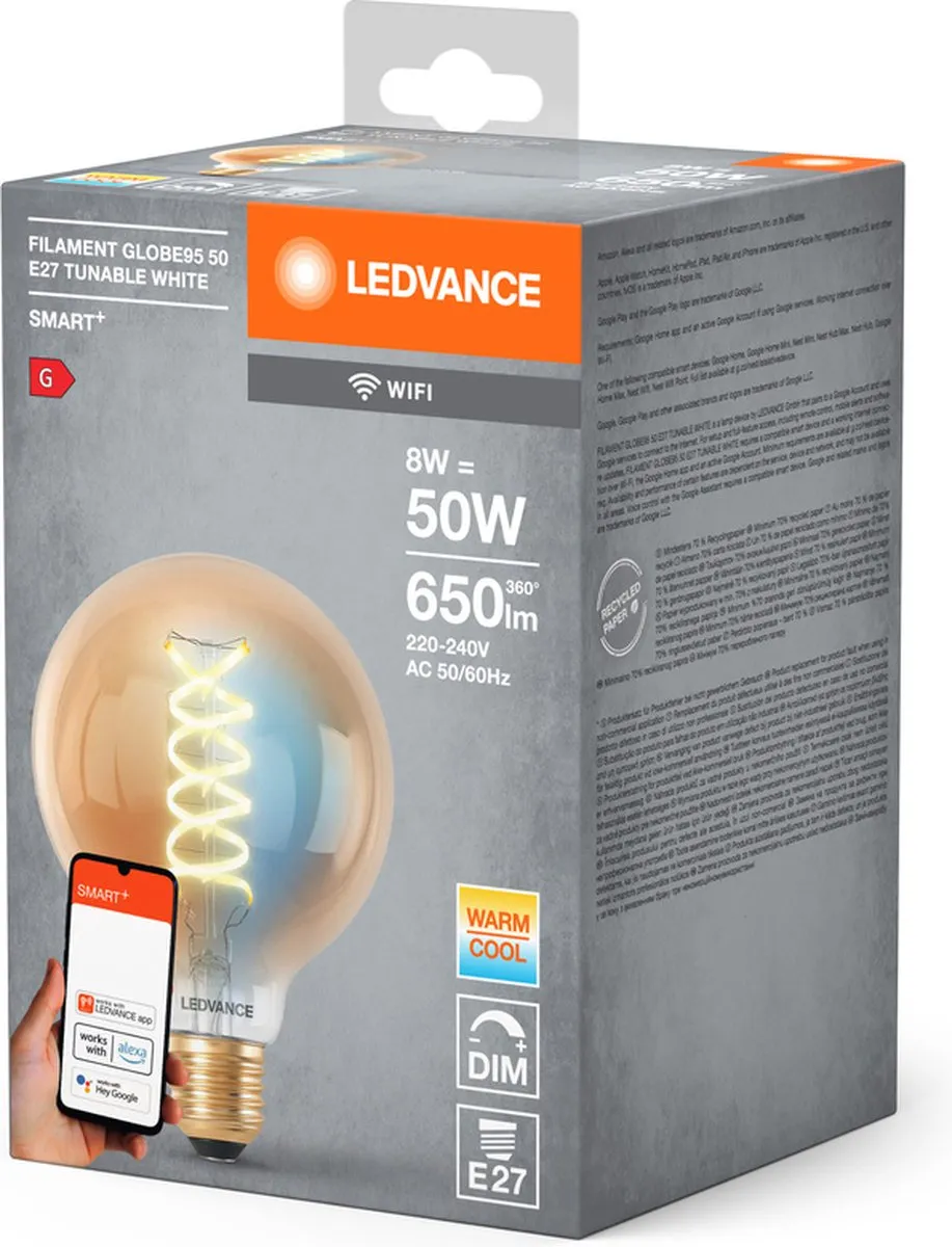 LEDVANCE SMART+ WIFI E27 8W 650lm Bol - Goud - 2200-5000K - afbeelding 4 van 6