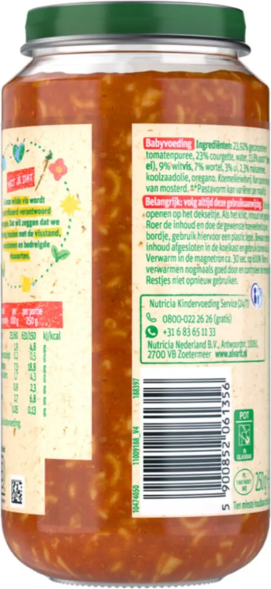 Olvarit Maaltijd 12+ Tomaat Witvis Pasta 250g - 6x