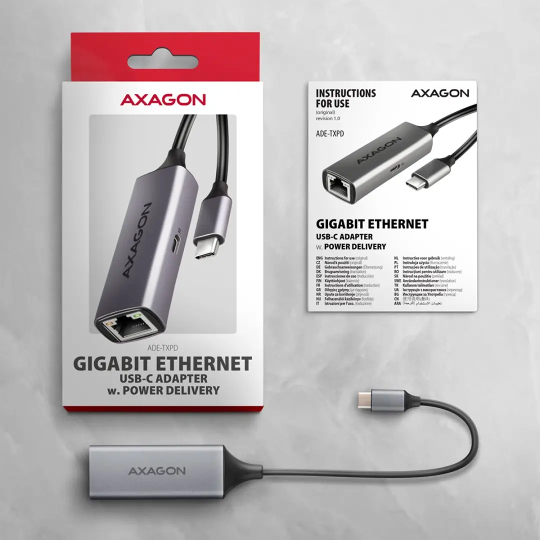 Axagon ADE-TXPD USB-C Netwerkadapter - RJ45 - Kleurloos
