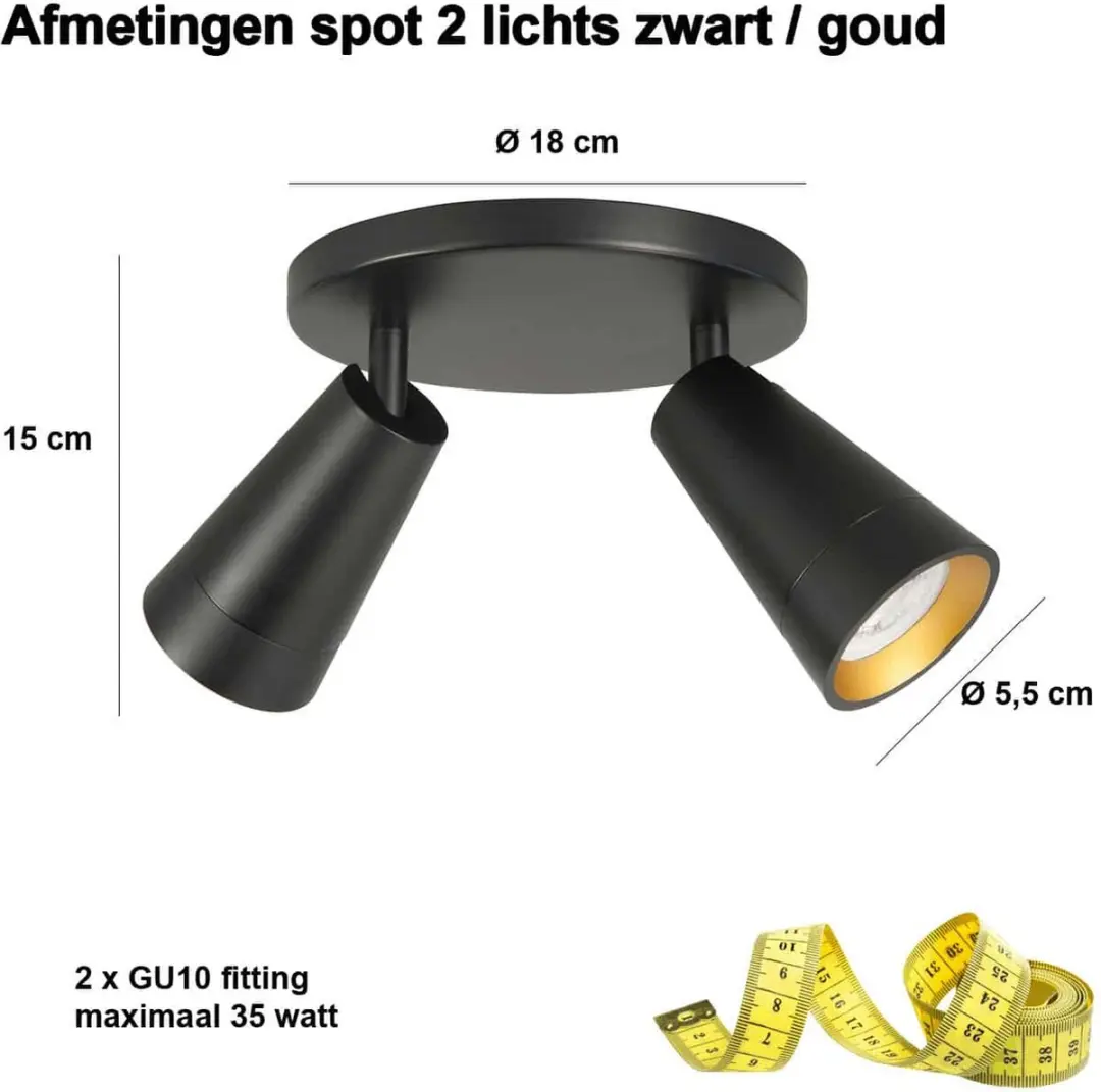Highlight Opbouwspot Petunia Zwart Goud Metaal - 2x GU10 - Ø18cm