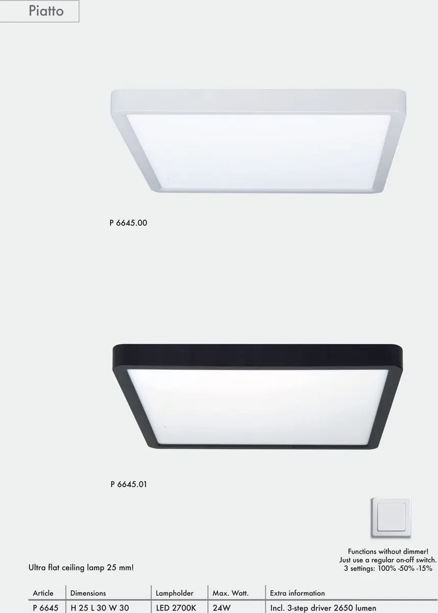 Highlight Plafondlamp Piatto 30x30cm - 2700K - Zwart