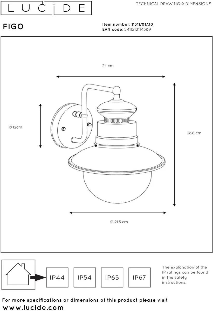 Lucide Figo Wandlamp Ø21,5cm - 1xE27 - Zwart