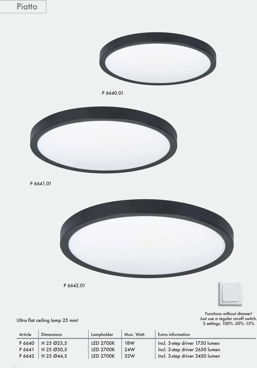 Highlight Plafondlamp Piatto Ø23,5cm 3-step DIM - Zwart