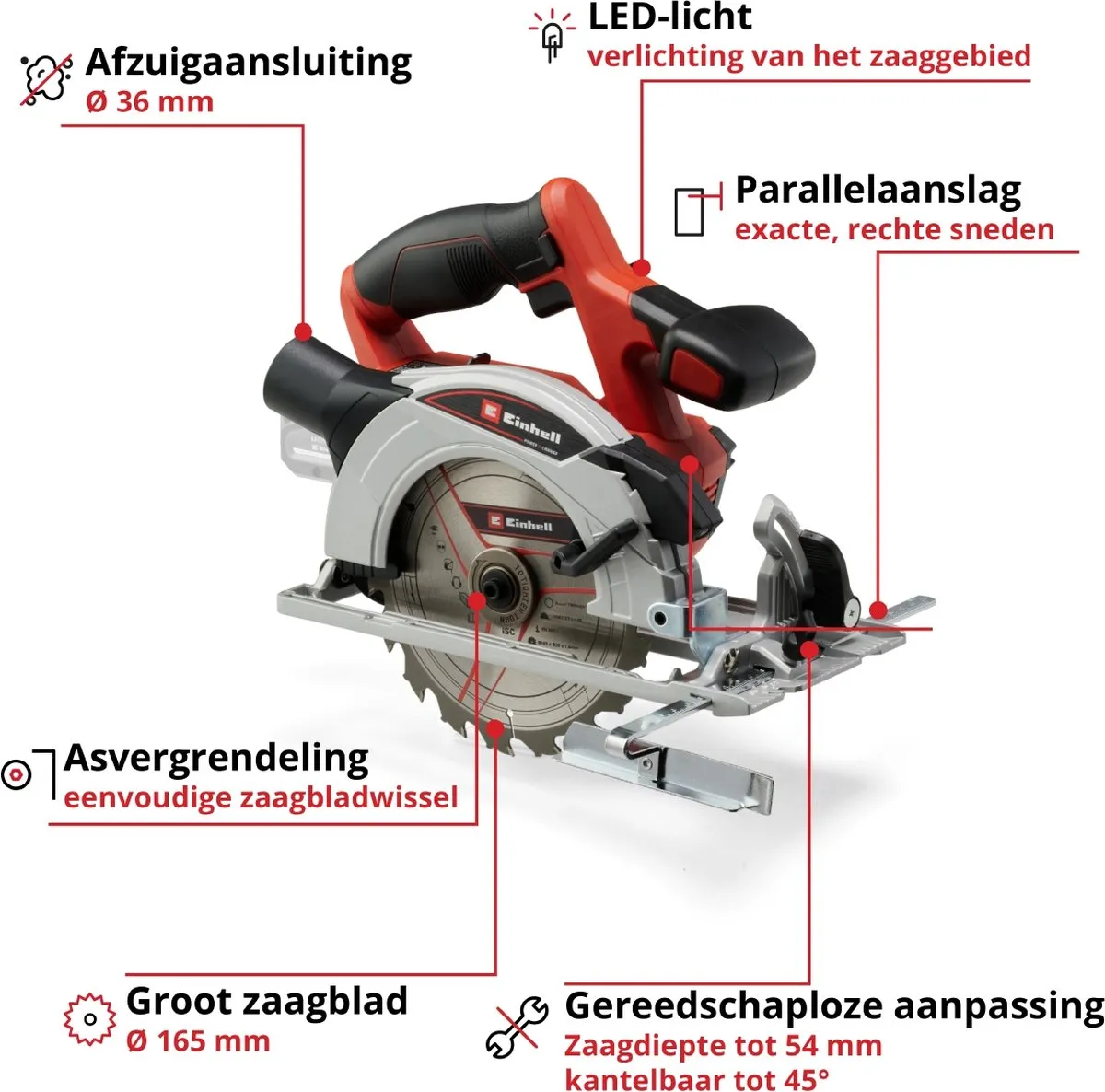 Einhell TE-CS 18/165-1 Li Solo Accu Cirkelzaag - 18V - Ø165mm